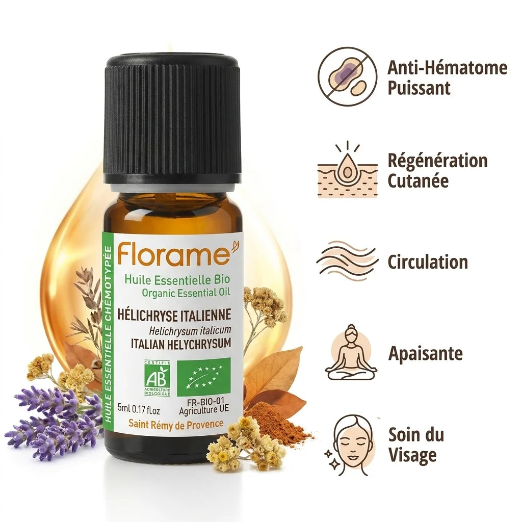 Huile essentielle Hélichryse Italienne Florame 5ml avec infographie des bénéfaits