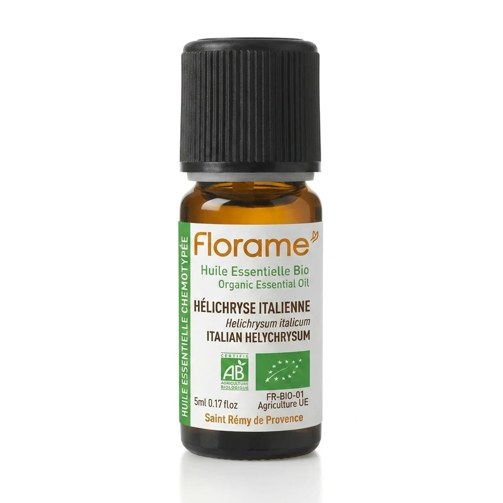 Flacon 5ml huile essentielle Hélichryse Italienne bio Florame avec étiquette verte et certification