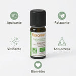 Huile essentielle orange amère Florame 10ml avec icônes bénéfices apaisante relaxante anti-stress