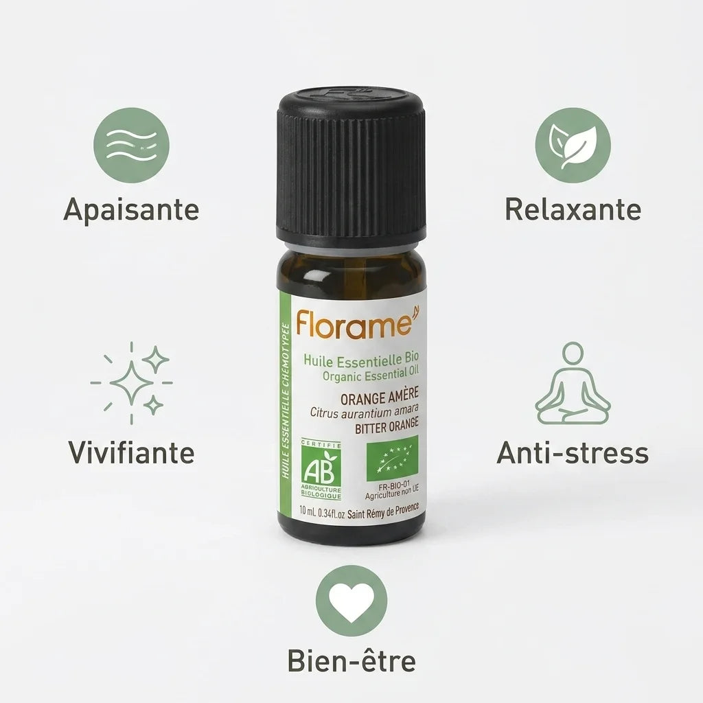 Huile essentielle orange amère Florame 10ml avec icônes bénéfices apaisante relaxante anti-stress