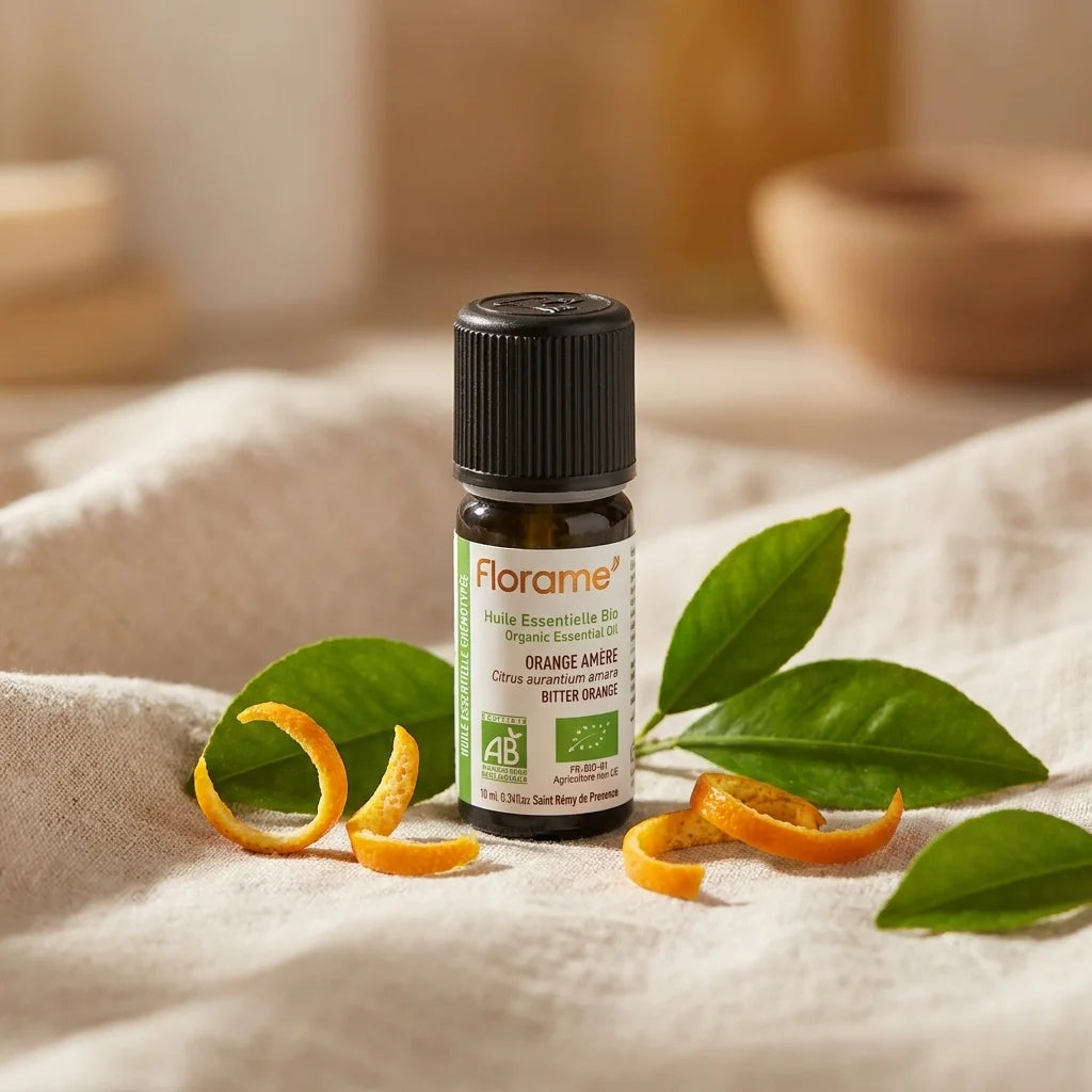 Flacon huile essentielle orange amère bio Florame 10ml sur lin avec zestes d'agrumes frais