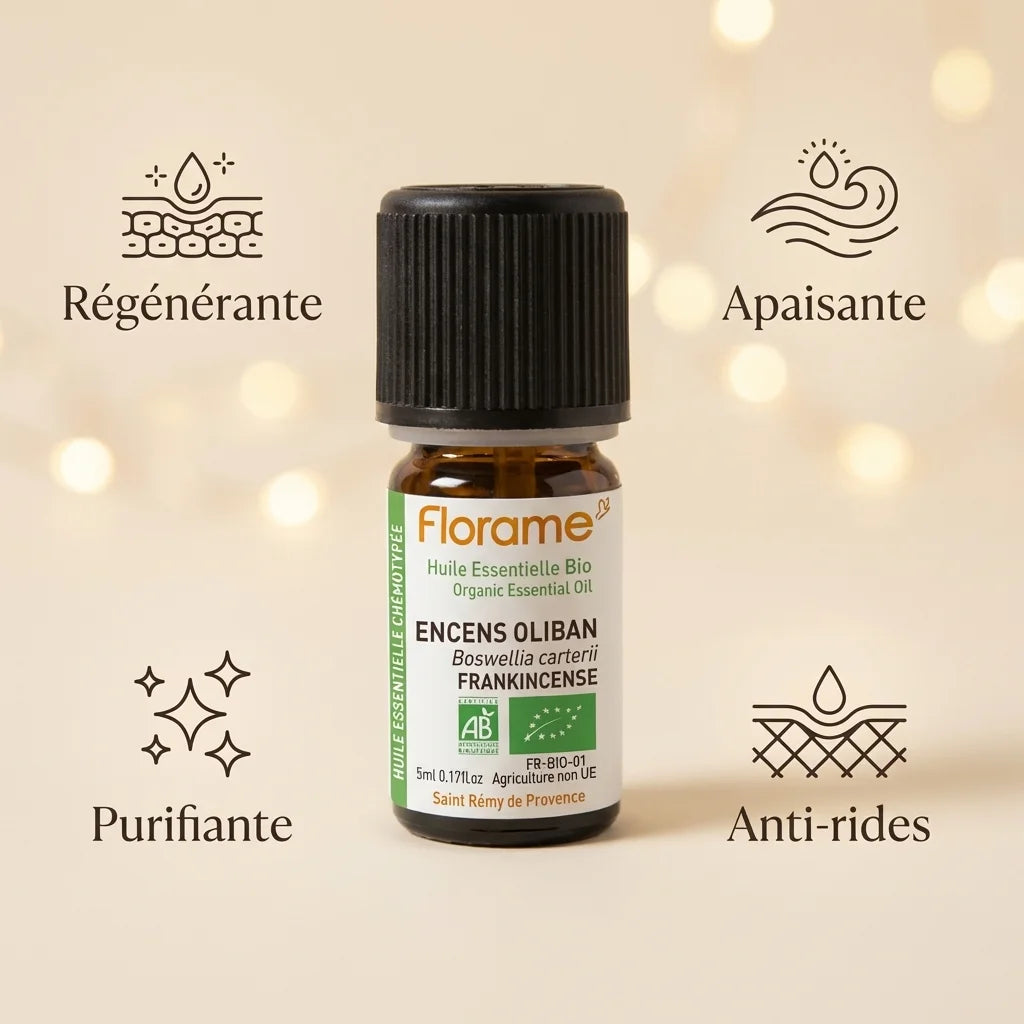 Huile essentielle encens oliban bio Florame 5ml avec bénéfices régénérante, apaisante, purifiante et anti-rides