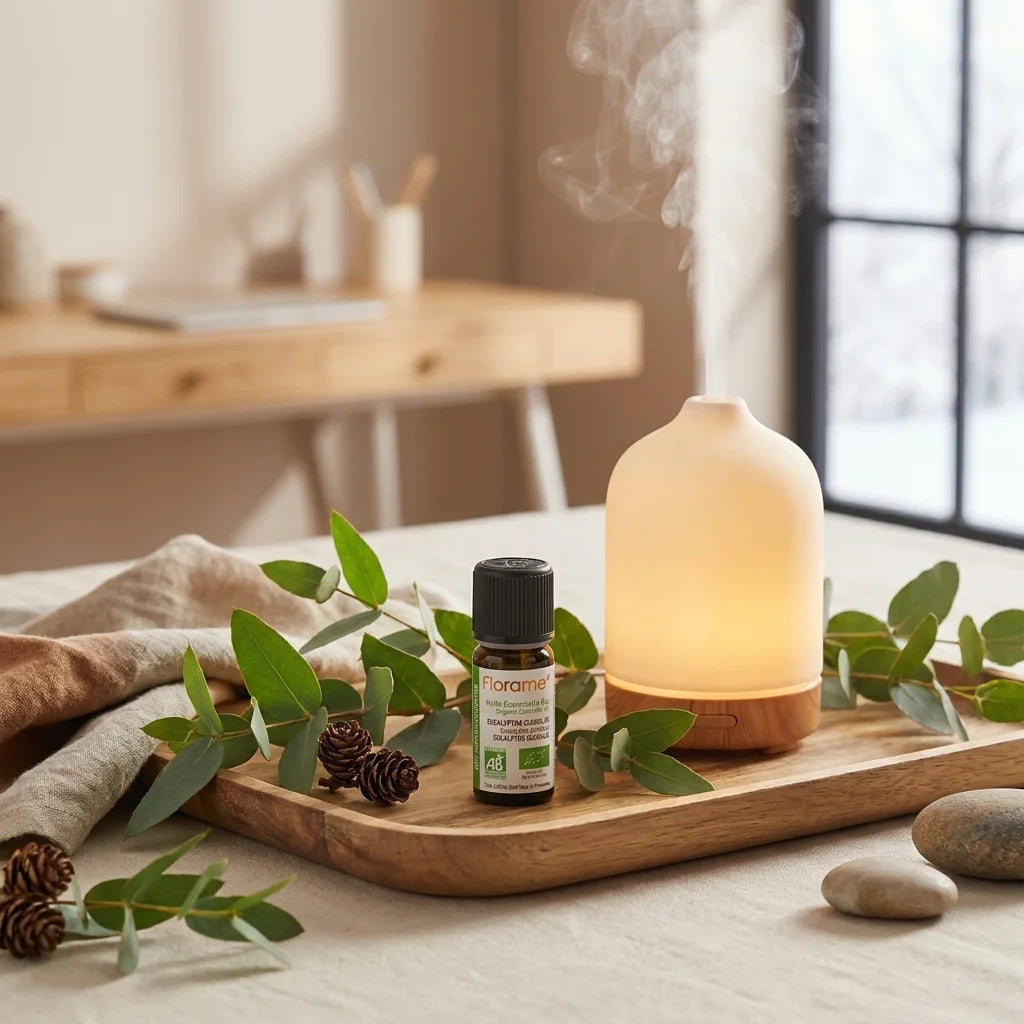 Flacon Huile Essentielle Eucalyptus Globulus 10ml Florame avec feuilles et diffuseur