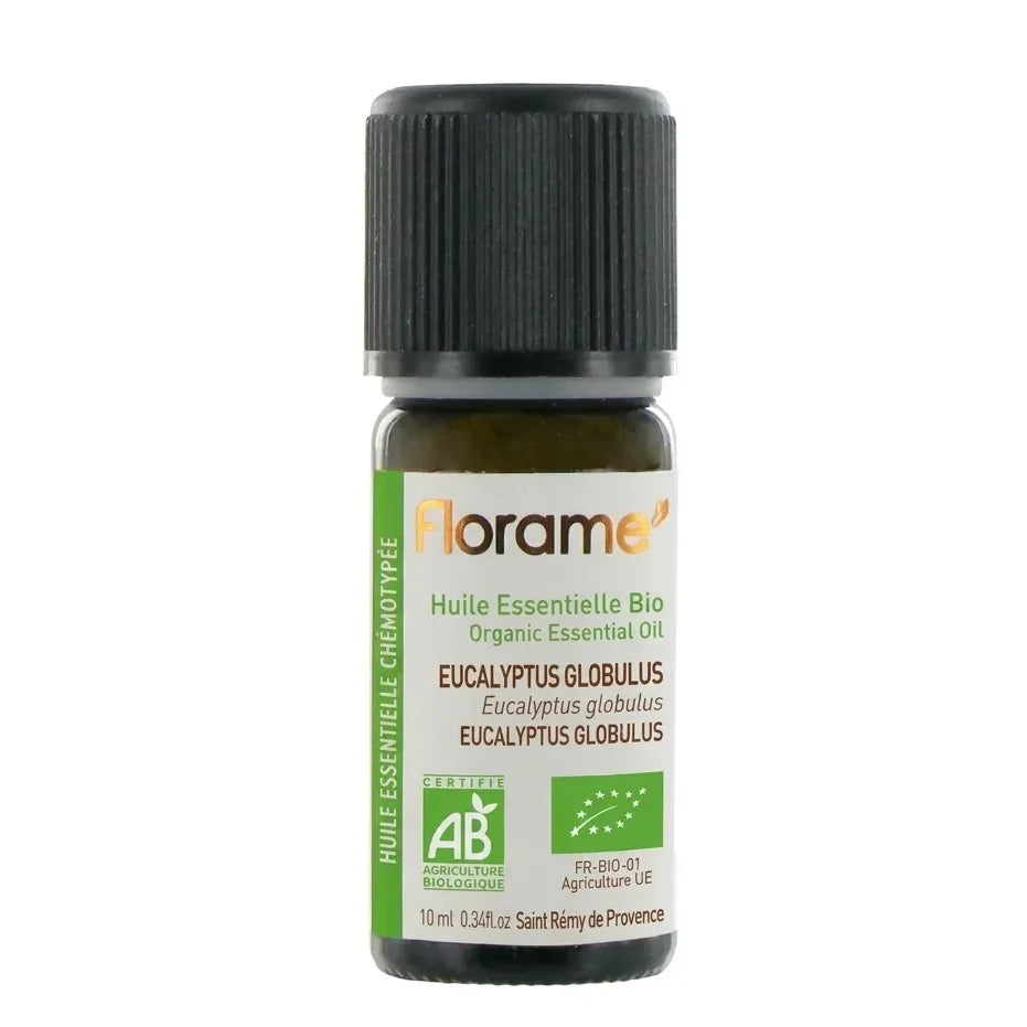 Flacon Huile Essentielle Eucalyptus Globulus 10ml Florame avec étiquette verte et certifications bio