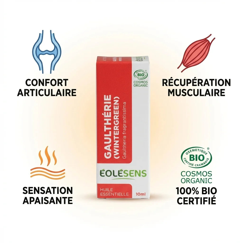 Huile essentielle Gaulthérie Bio 10ml Eolesens avec icônes bénéfices confort articulaire et récupération musculaire
