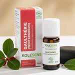 Huile Essentielle Gaulthérie Bio Eolesens 10ml avec feuilles et pierre de massage