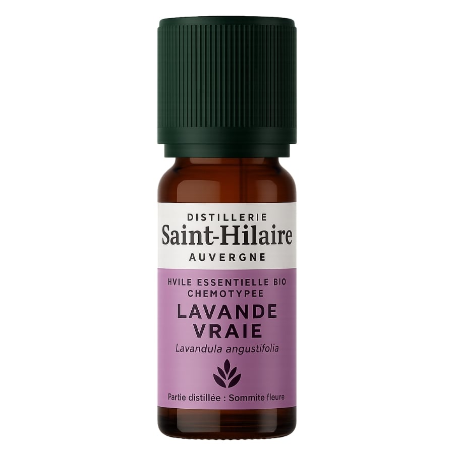 Un flacon de 10ml d'huile essentielle de lavande vraie de la distillerie Saint-Hilaire.