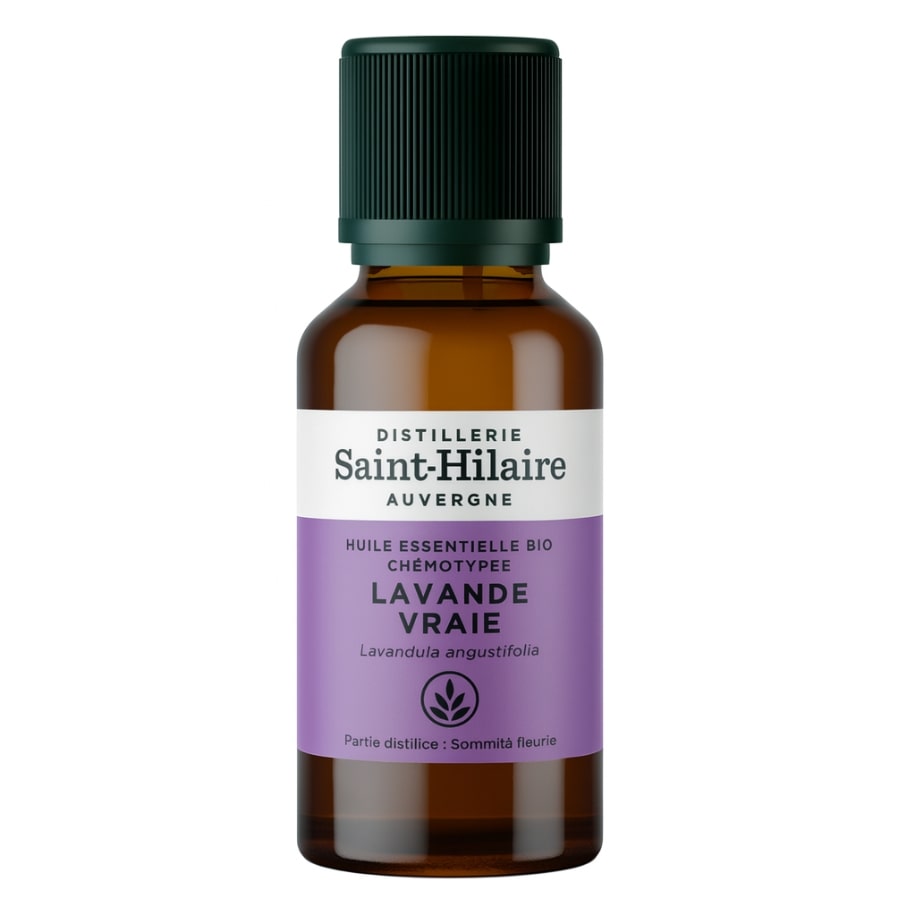 Un flacon de 50ml d'huile essentielle de Lavande vraie de la distillerie Saint-Hilaire.