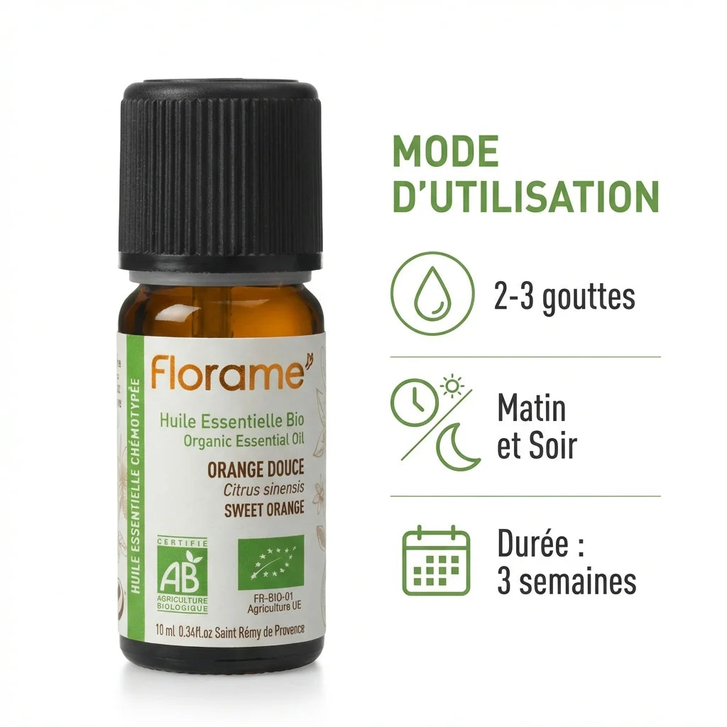 Flacon Florame Huile Essentielle Orange Douce Bio 10ml avec guide posologie 2-3 gouttes matin et soir