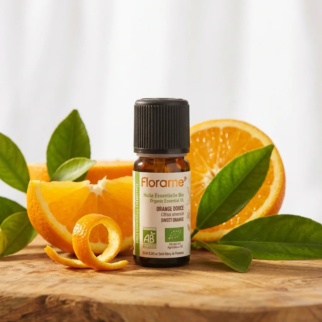 Huile essentielle orange douce Bio Florame 10ml avec agrumes frais et feuilles vertes
