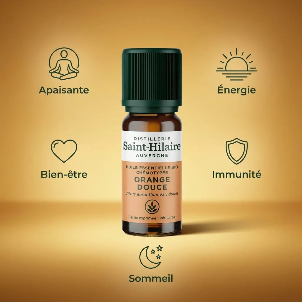 Huile essentielle orange douce bio Saint-Hilaire 10ml avec bénéfices apaisants, énergisants et sommeil