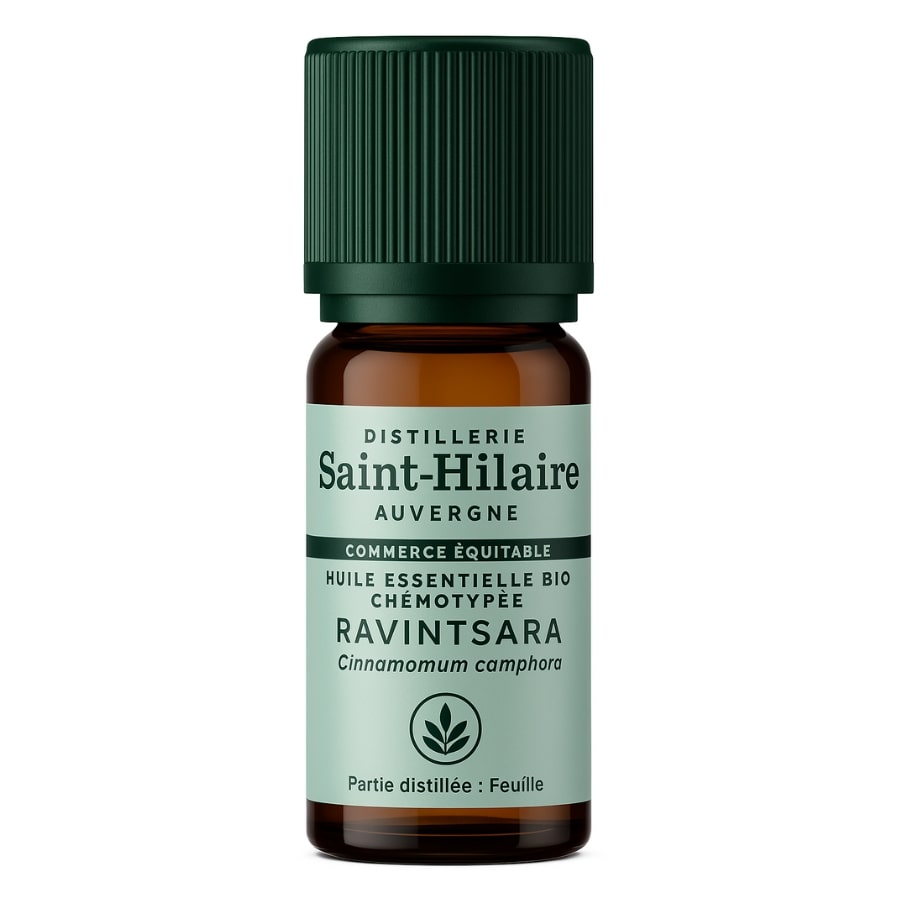 Un flacon de 10 ml d'huile essentielle de ravintsara bio de la marque saint hilaire