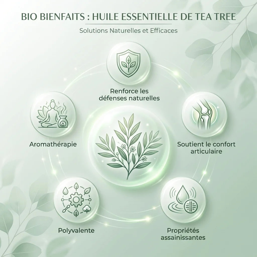 Infographie huile essentielle tea tree bio : 5 bénéfices avec icônes et feuilles d'eucalyptus