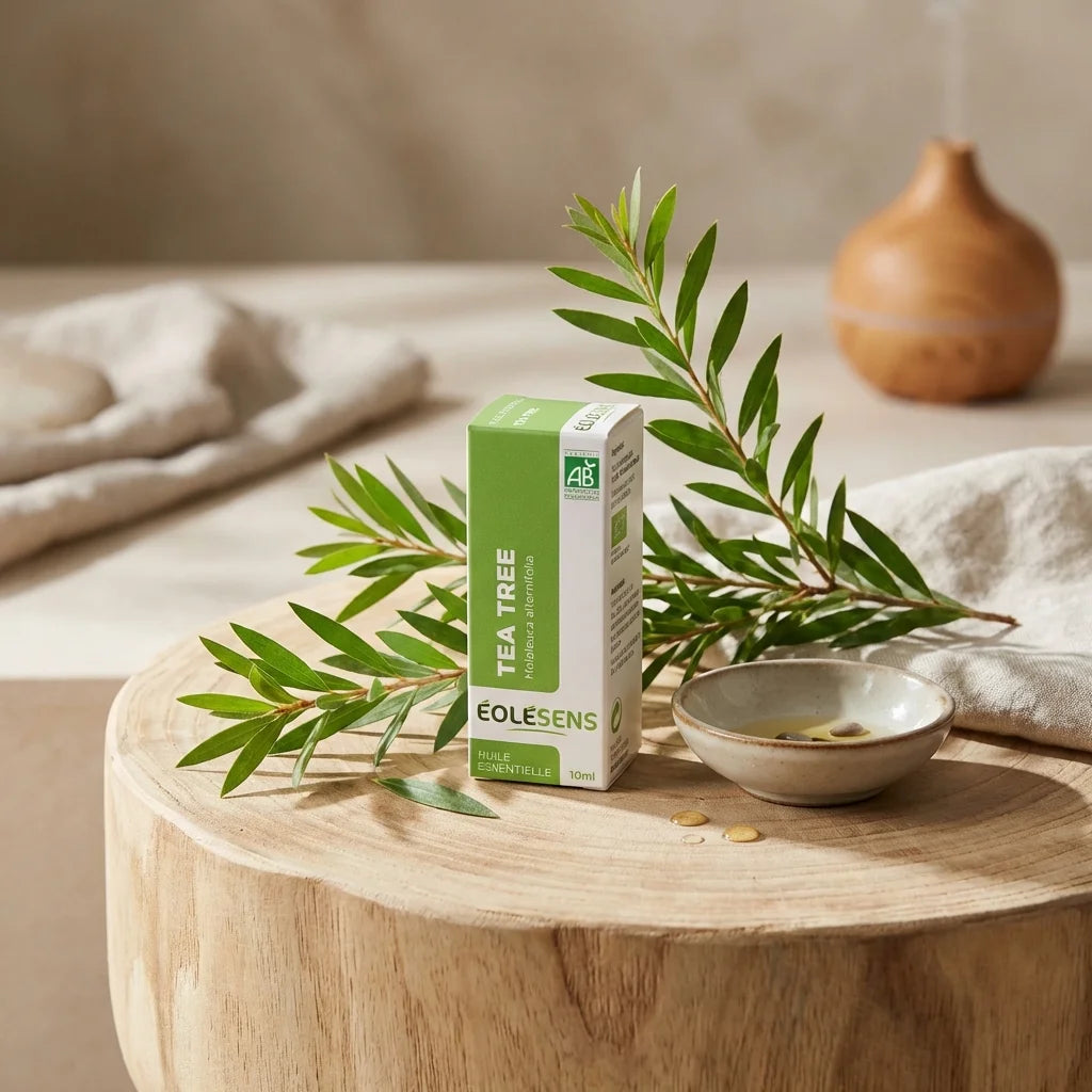 Huile essentielle tea tree bio Eolesens 10ml avec feuilles fraîches et certification AB