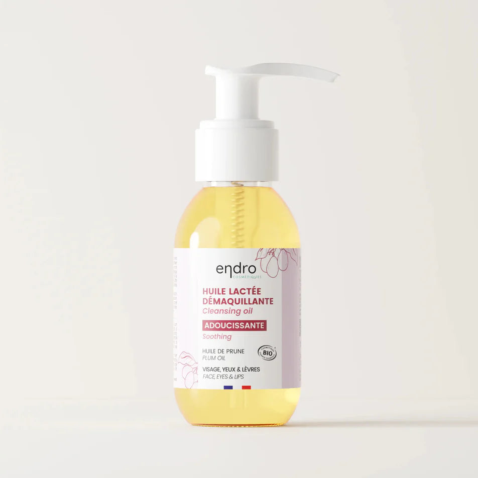 Un flacon d'huile lactée démaquillante adoucissante en 150ml de la marque Endro