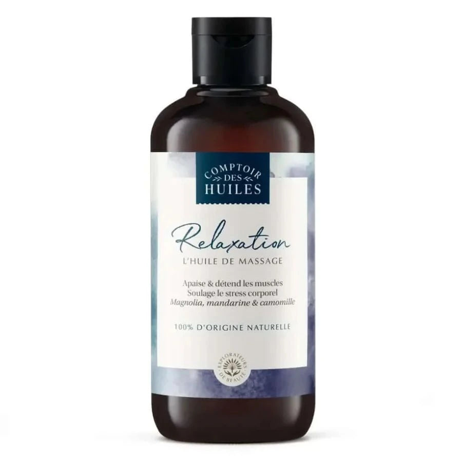 Une huile de massage relaxation de la marque comptoir des huiles en 250 ml  sur un fond blanc