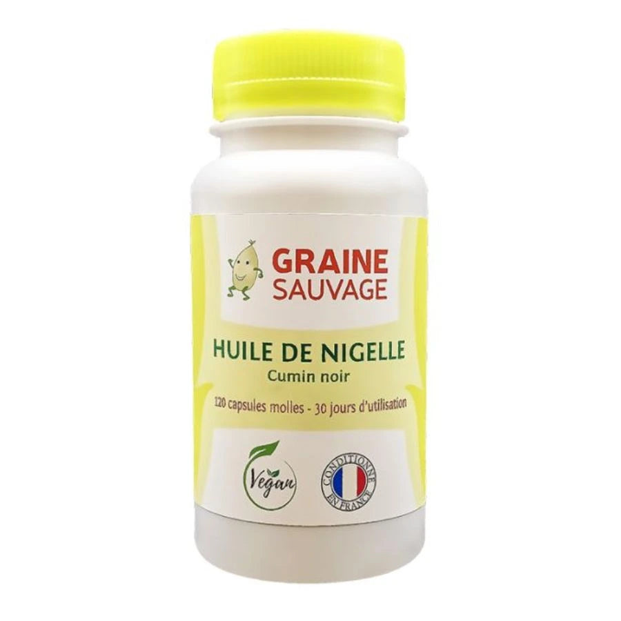 Une boîte de 120 gélules d'huile de nigelle de la marque graine sauvage