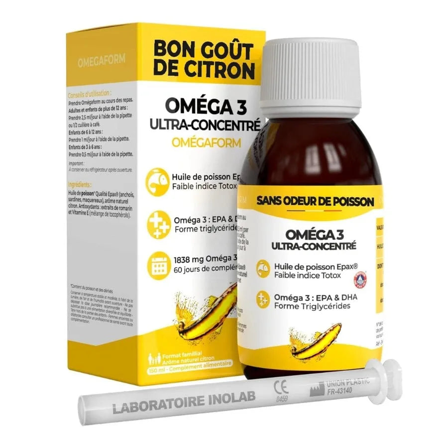 Un flacon de 150 ml Huile d'Oméga 3 de Ultra concentré de la marque Inolab