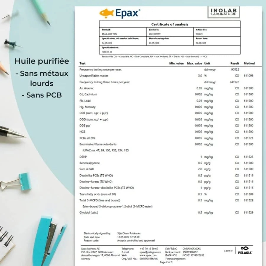 Copie du certificat EPAX de l'Huile d'Oméga 3 de Ultra concentré de la marque Inolab