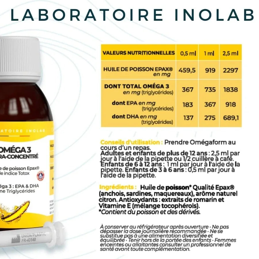 La composition et les ingrédients de l'huile d'Oméga 3 de Ultra concentré de la marque Inolab