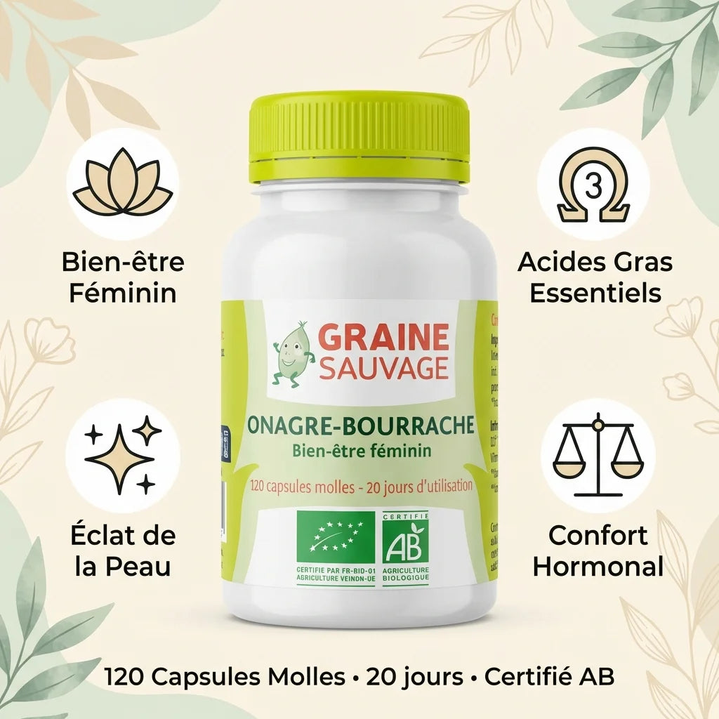 Huile Onagre-Bourrache Bio 120 capsules Graine Sauvage avec bénéfices bien-être féminin et peau
