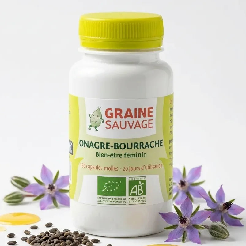 Huile Onagre-Bourrache Bio 120 capsules Graine Sauvage avec graines et fleurs biologiques