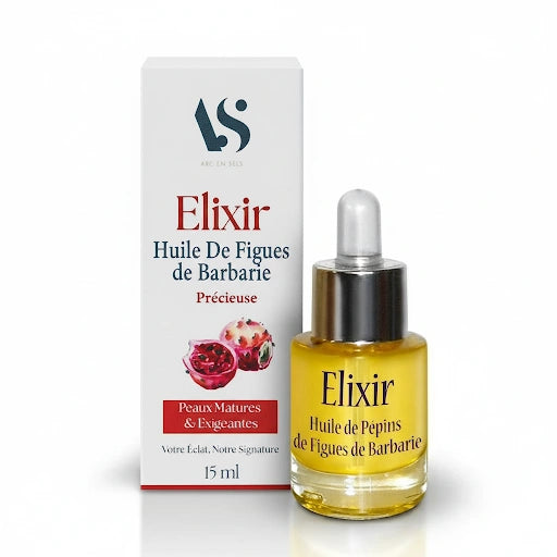 Un flacon de 15 ml d'Elixir d'Huile de Pépins de Figues de Barbarie Véritable Bio de la marque Arc en Sels