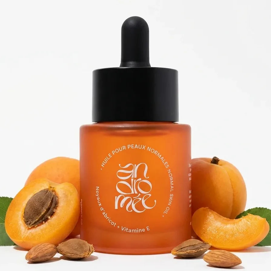 Huile Andromée abricot et vitamine E 30ml avec abricots frais et feuilles vertes
