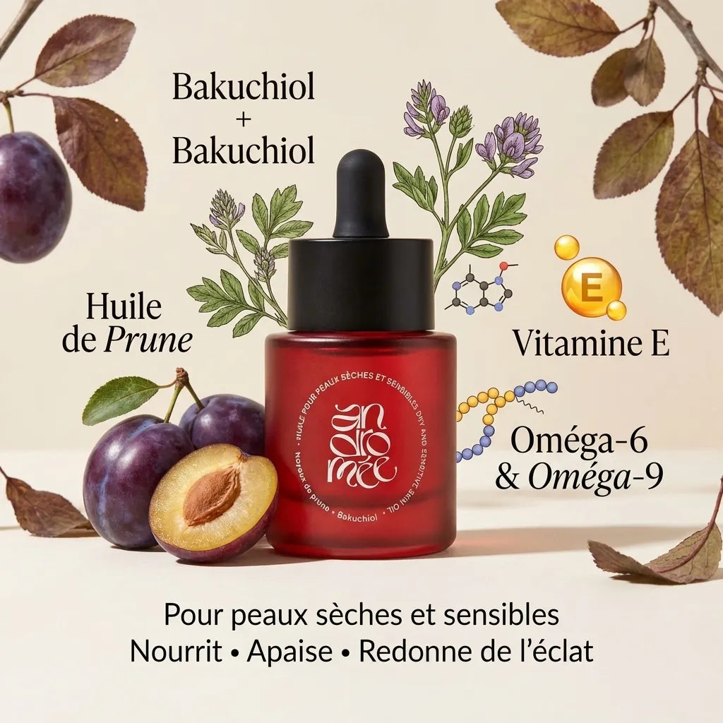 Huile visage Andromée 30ml pour peaux sèches, flacon verre rouge avec ingrédients naturels