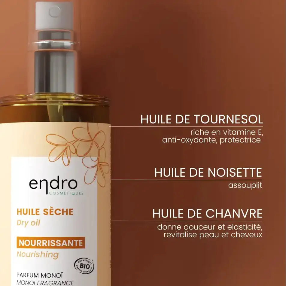 Les 3 ingrédients contenus dans l'Huile sèche Visage, Corps & Cheveux Bio Endro