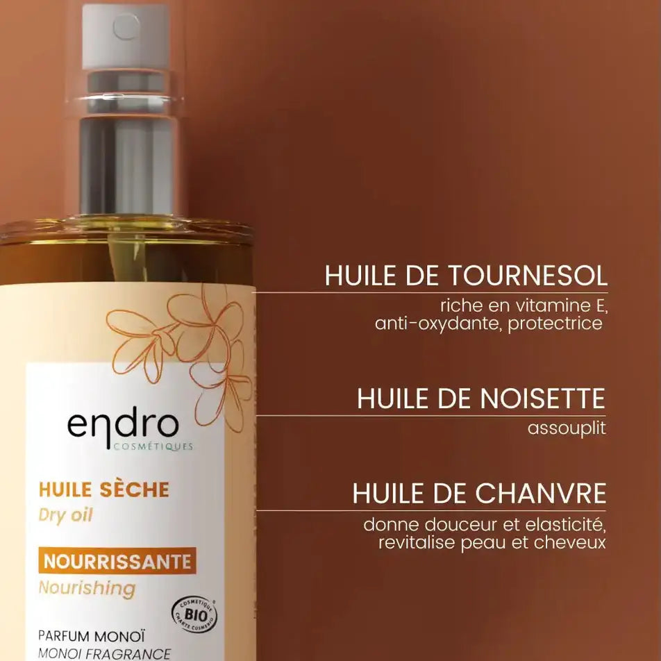 Les ingrédients contenus dans l'huile sèche bio 3-en-1 de 100 ml de la marque Endro et leurs bienfaits