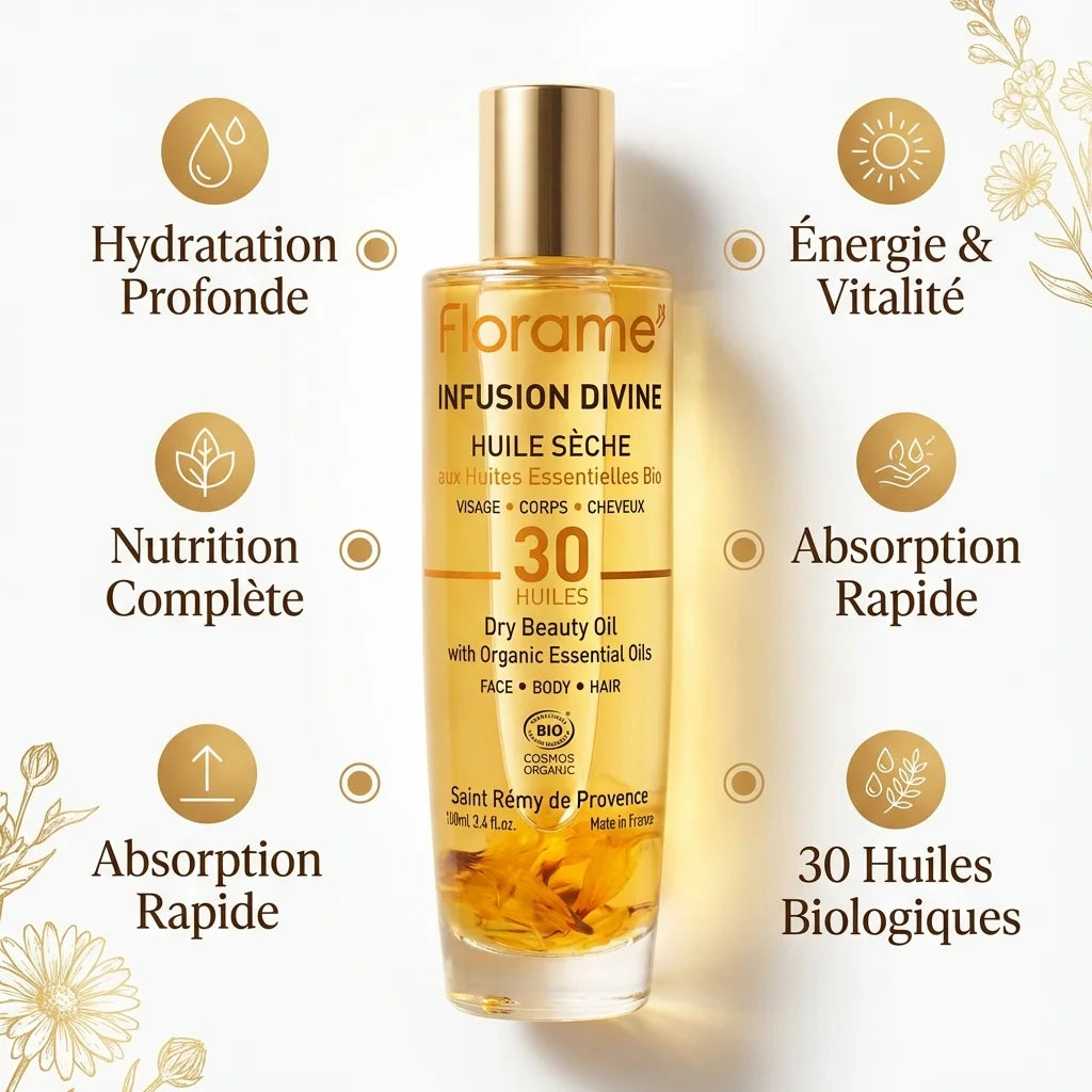 Florame Huile Sèche Infusion Divine Bio 100ml avec 5 bénéfices : hydratation, énergie, nutrition, absorption rapide et 30 huiles biologiques
