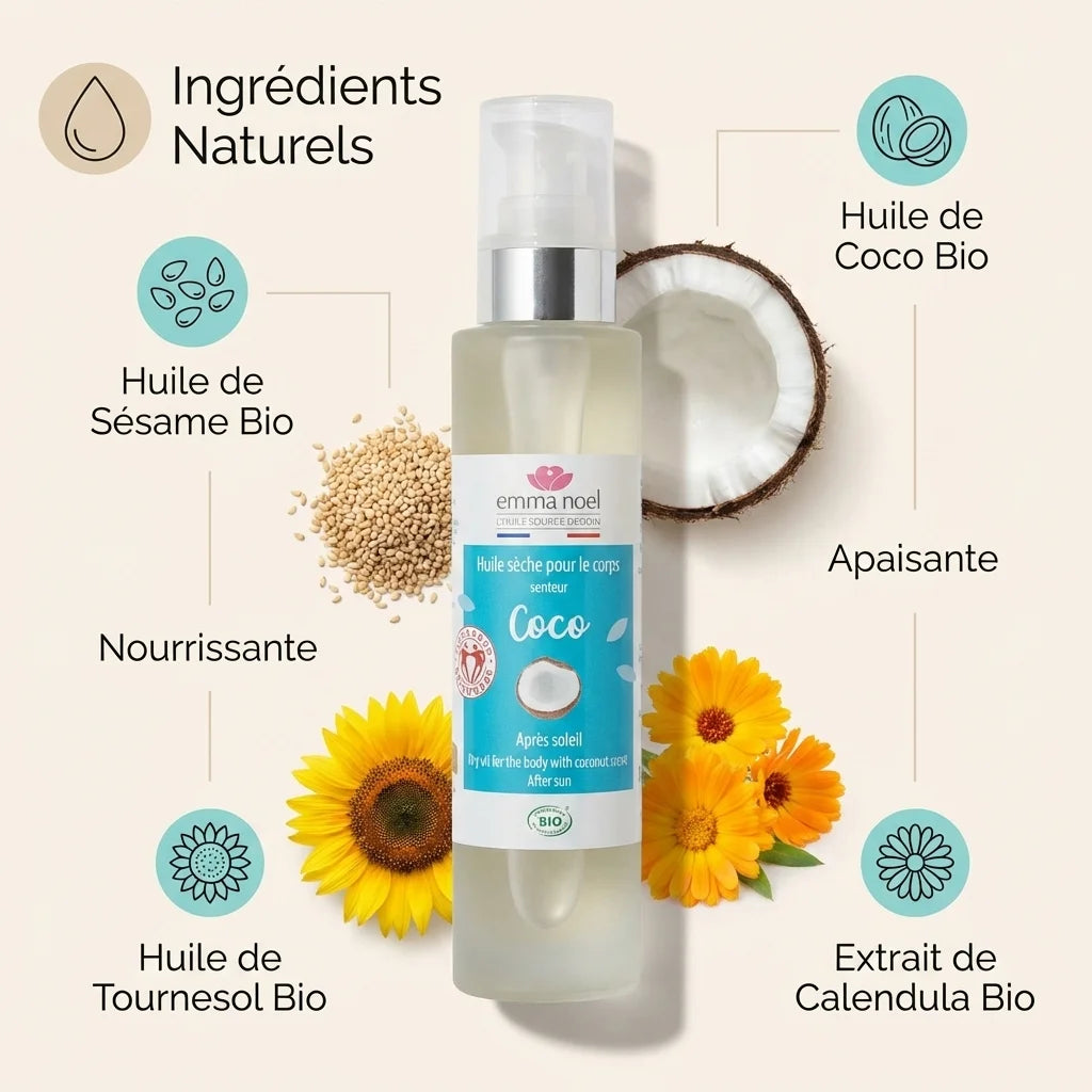 Huile sèche corps coco Emma Noël 100ml avec ingrédients naturels bio