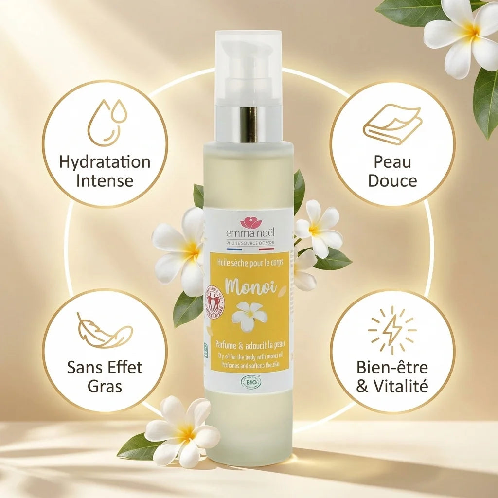 Huile sèche monoi bio Emma Noël 100mL avec bénéfices hydratation et peau douce