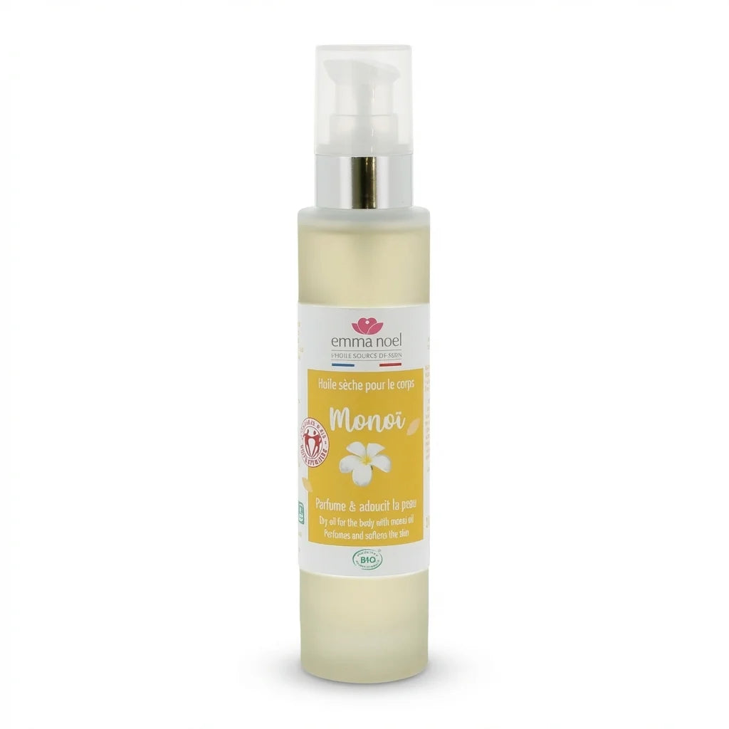 Huile sèche monoi bio Emma Noël 100mL flacon verre pompe spray fond blanc