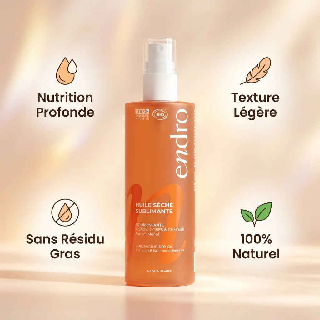 Huile sèche sublimante Endro 100ml avec bénéfices nutrition profonde et texture légère