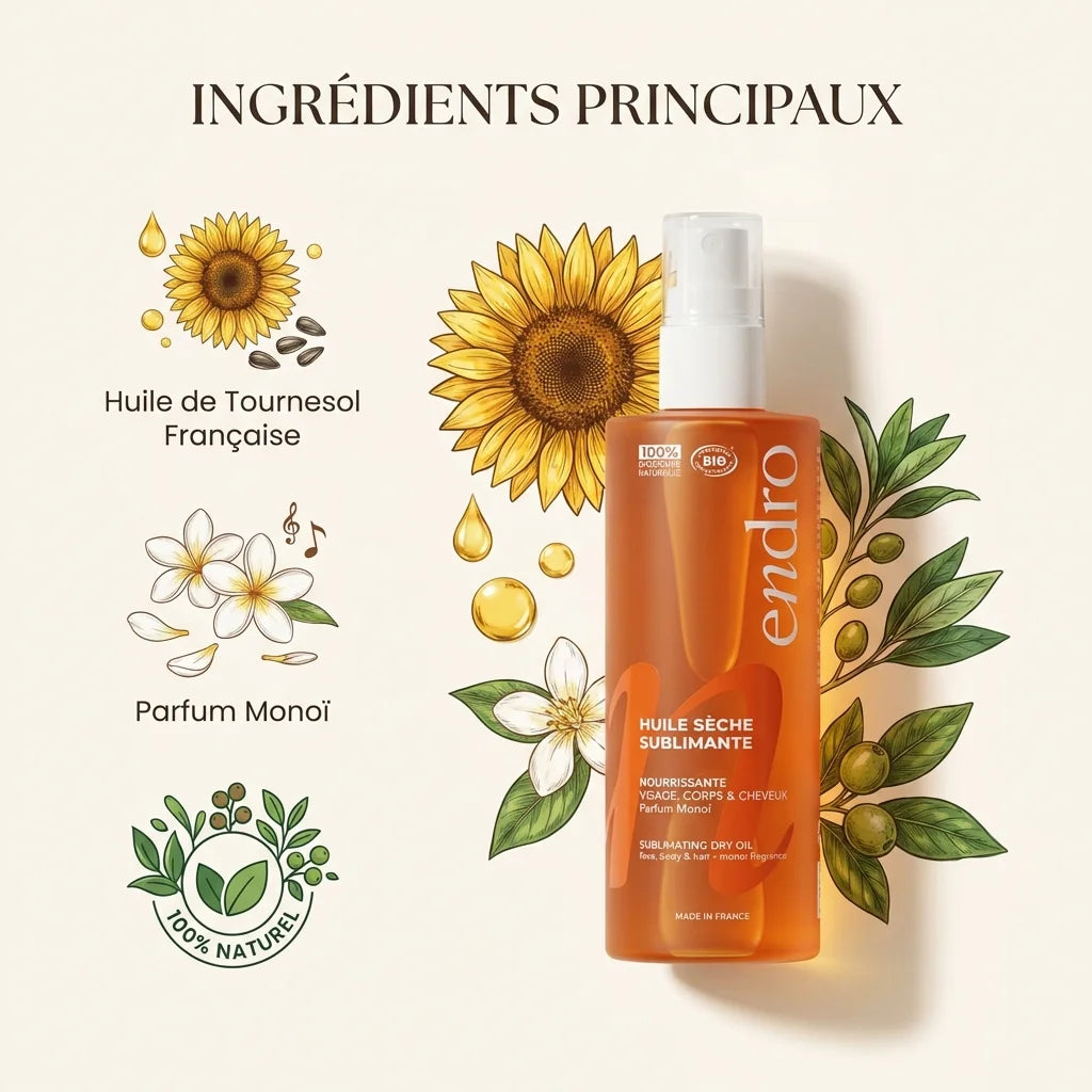 Huile sèche sublimante Endro 100ml avec ingrédients naturels: huile tournesol et monoï sur fond blanc