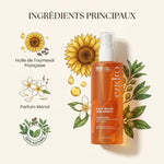Huile sèche sublimante Endro 100ml avec ingrédients naturels: huile tournesol et monoï sur fond blanc