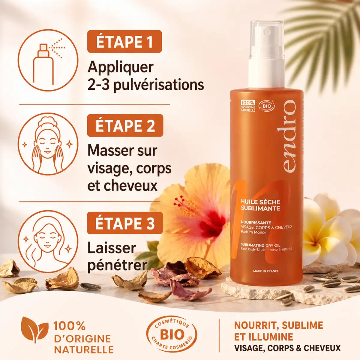 Huile Sèche Sublimante Endro 100ml - Flacon avec infographie d'utilisation visage, corps et cheveux