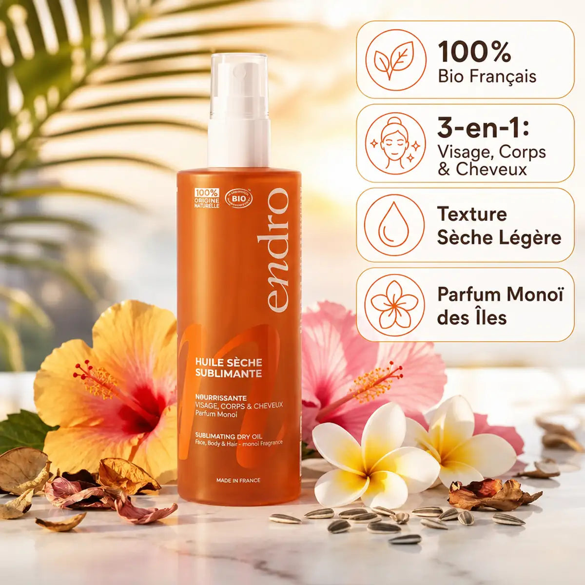 Huile Sèche Sublimante Endro 100ml - Visage, Corps & Cheveux bio français sur marbre fleuri