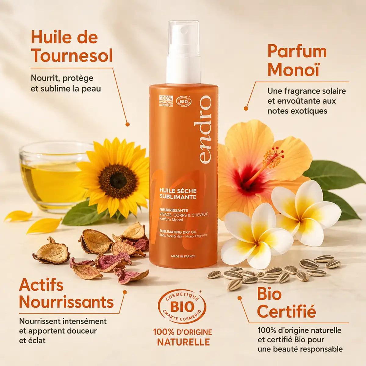 Huile sèche Endro 100ml avec ingrédients naturels : huile tournesol, monoï, sesame bio