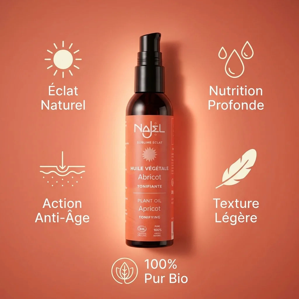 Huile d'abricot bio Najel 80ml avec bénéfices : éclat, nutrition, anti-âge et texture légère