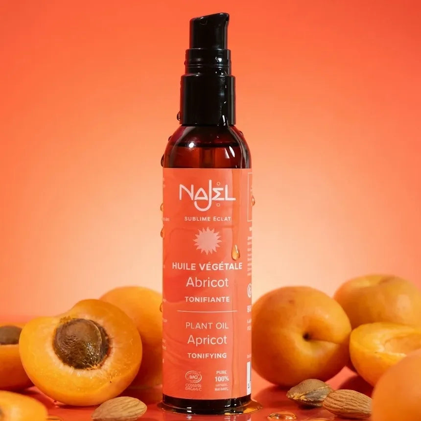 Najel huile végétale d'abricot bio 80ml avec abricots frais et gouttes d'or