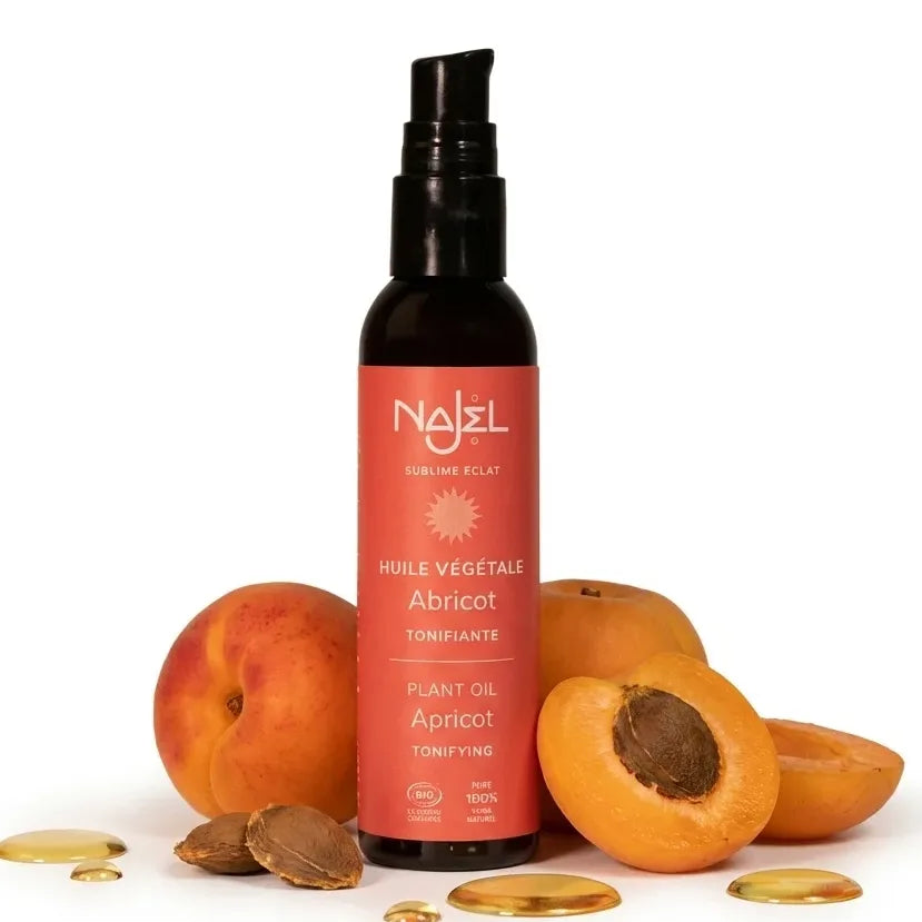 Huile végétale d'abricot bio Najel 80ml avec abricots frais et gouttes dorées