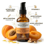 Huile végétale d'abricot bio Saint-Hilaire 50ml avec flacon ambré et infographie des acides gras