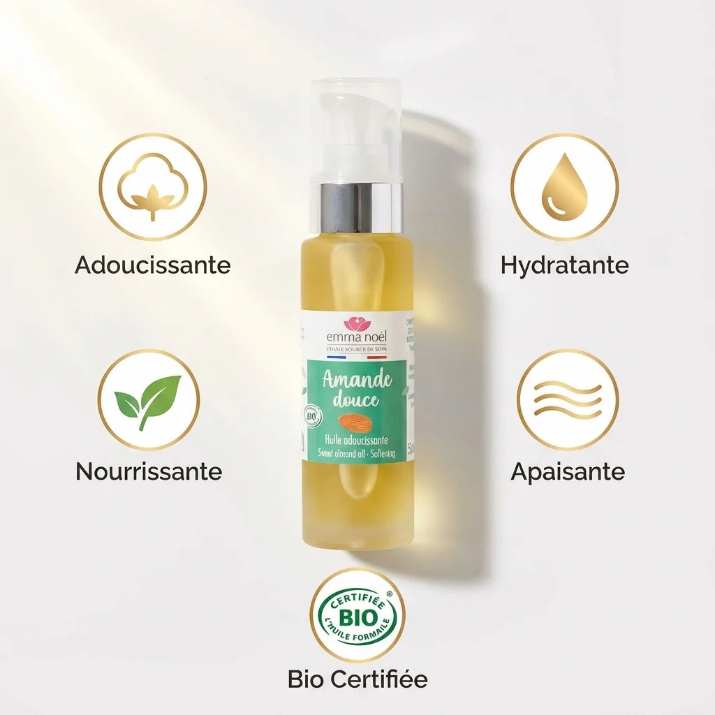 Huile d'Amande Douce Bio Emma Noel 50ml avec ses bénéfices: hydratante, nourrissante, apaisante