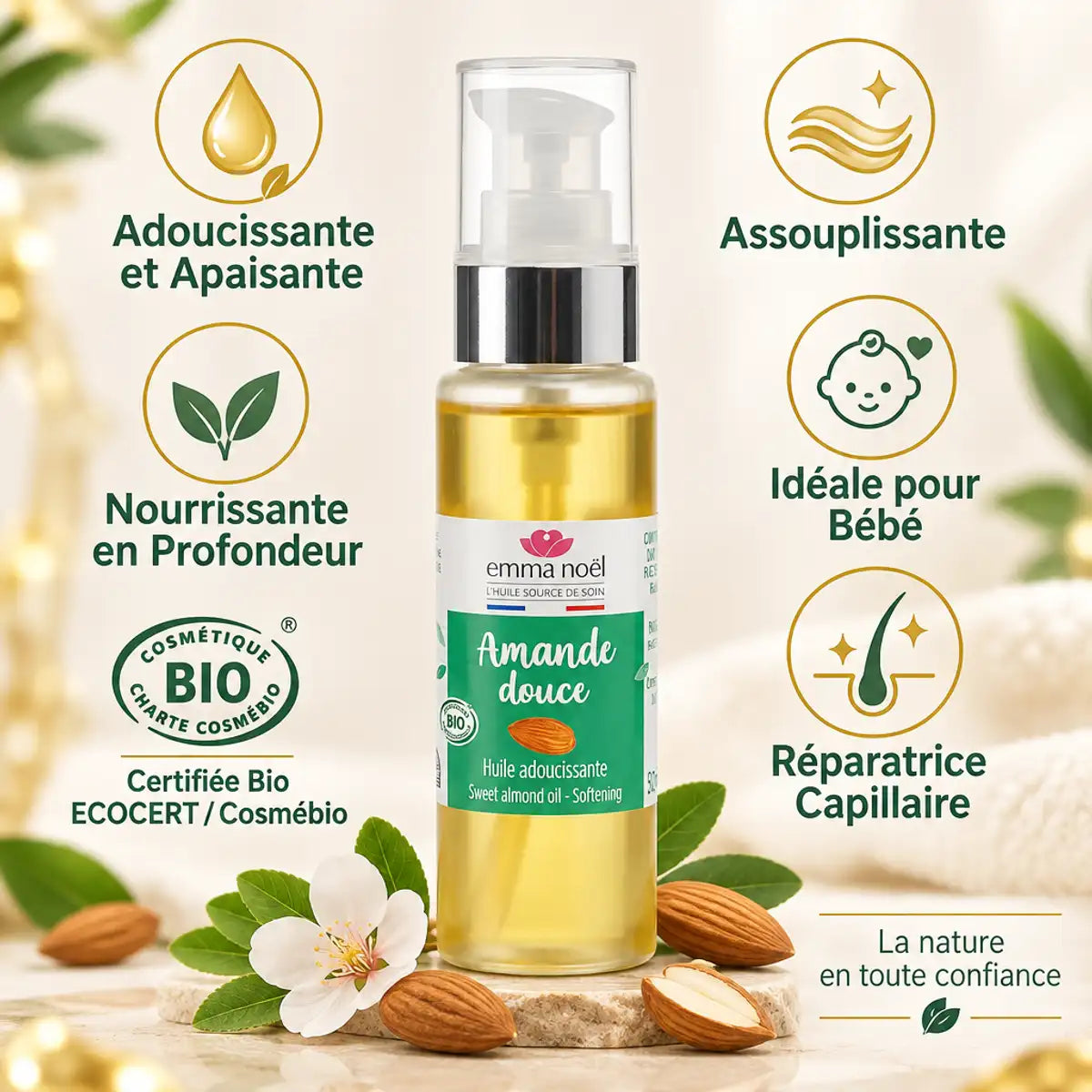Huile d'Amande Douce Bio Emma Noel 50ml avec benefits infographique et certifications