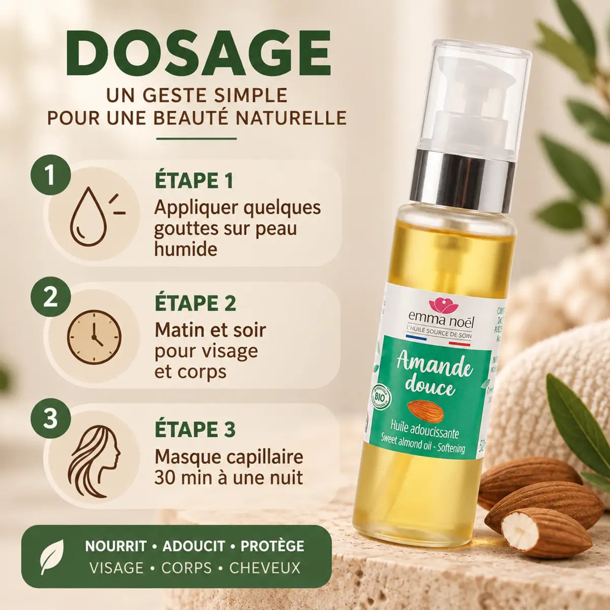 Huile d'amande douce bio Emma Noel 50ml avec guide d'application visage, corps et cheveux