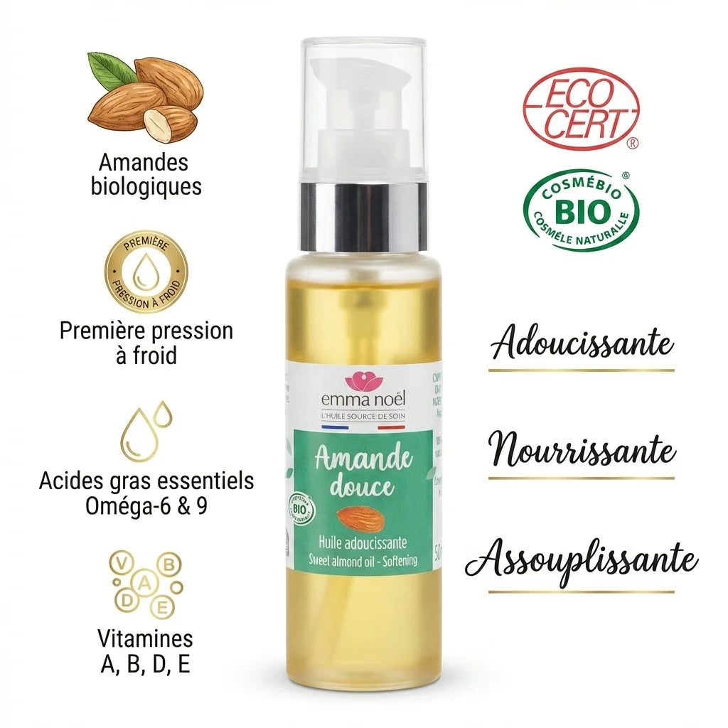 Huile d'amande douce bio Emma Noel 50ml avec ingrédients et certifications ECOCERT