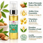 Bouteille Huile d'Amande Douce Bio Emma Noël 50ml avec infographie des bénéfices et certifications ECOCERT
